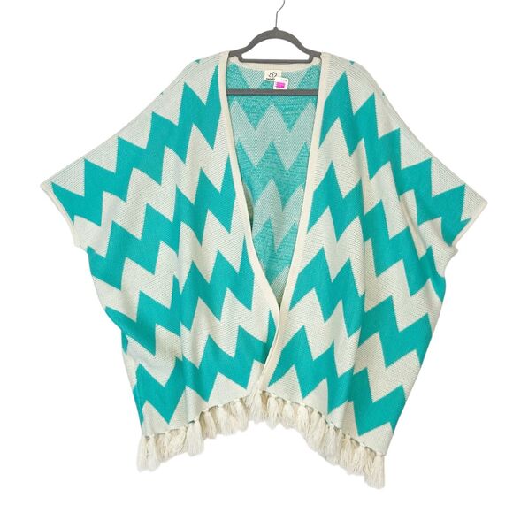 CocoLove Sweaters - CocoLove Poncho Sweater Women's S/M Teal Ivory Cardigan Chevron Fringe Western